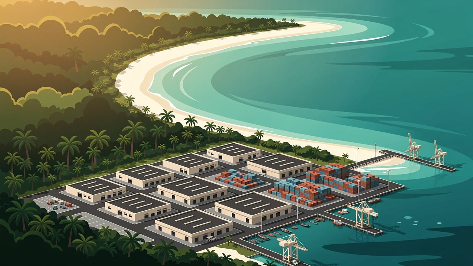 Vue aérienne d'un port ultramarin avec matériel industriel et végétation tropicale