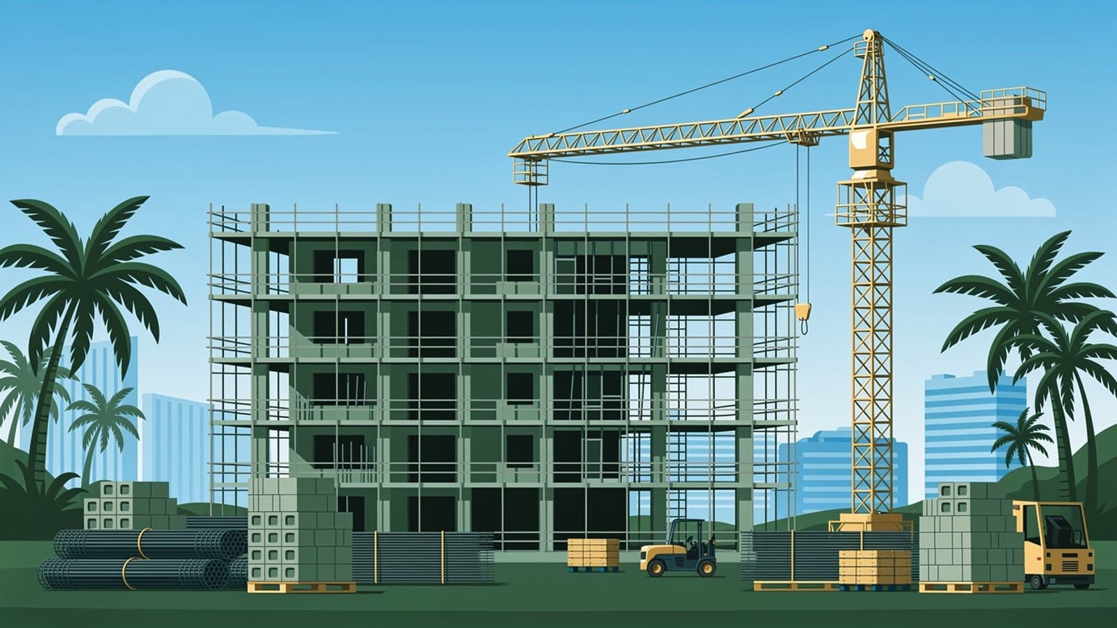 Chantier de construction de logements sociaux neufs dans un département d'outre-mer tropical