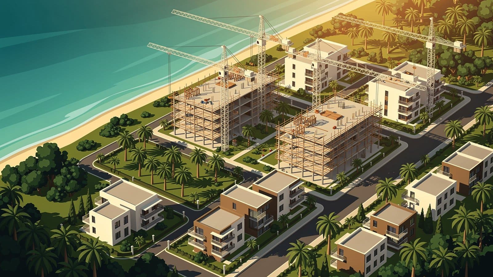 Vue aérienne d'un quartier résidentiel social en construction dans un territoire ultramarin tropical