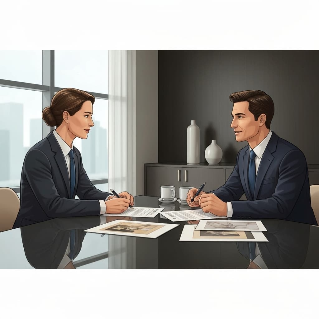 Investisseur français consultant son conseiller French Vest sur les fonds d'art dans un bureau professionnel