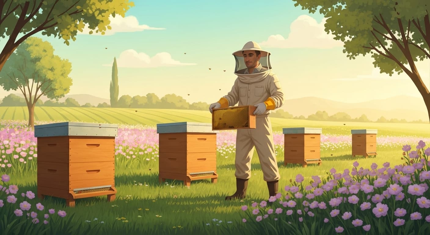 Apiculteur français travaillant avec ses ruches dans un environnement protégé