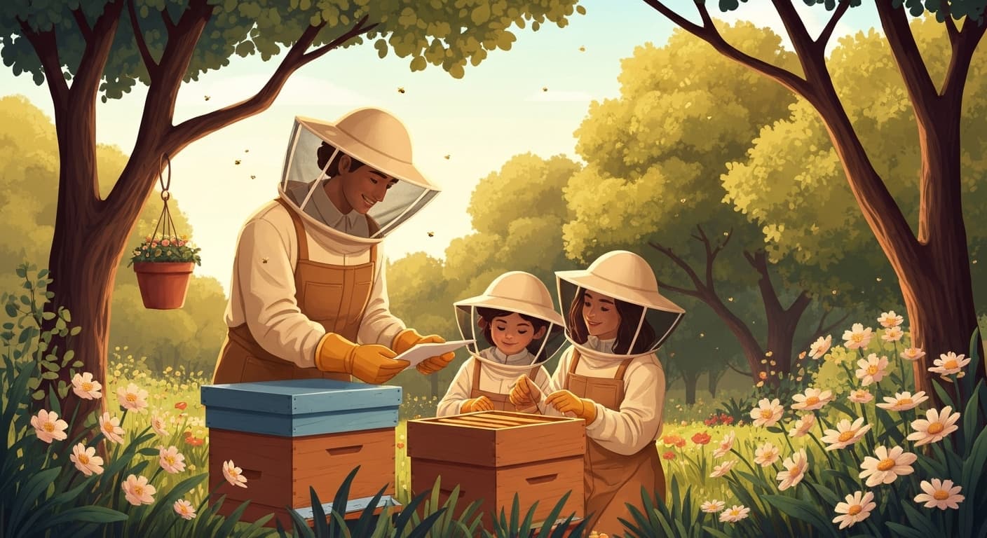Famille française d'apiculteurs amateurs avec leurs ruches dans un jardin