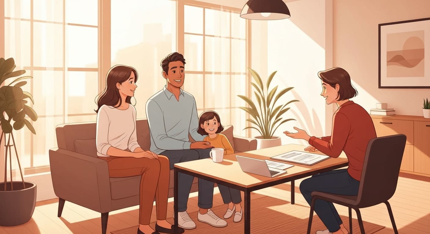 Famille française recevant conseil personnalisé pour leur assurance