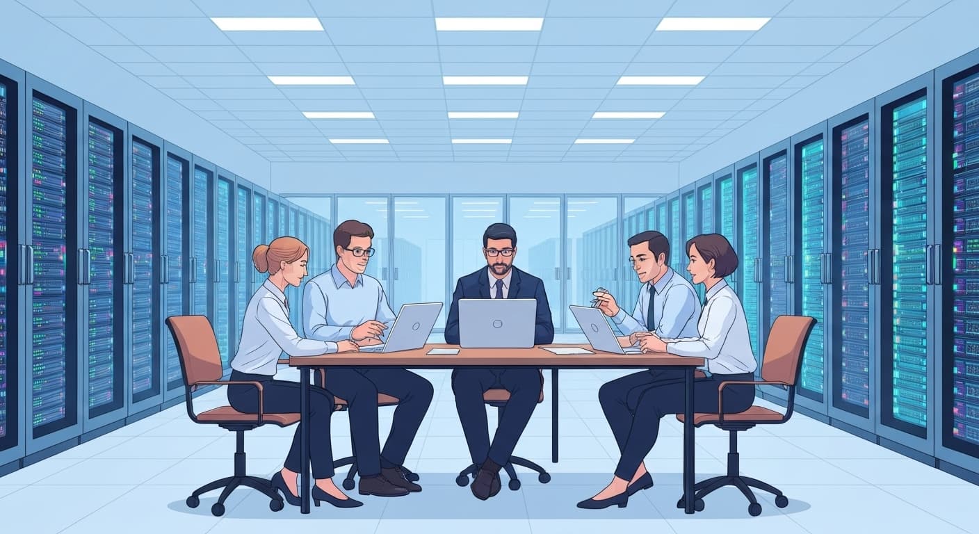 Équipe technique discutant de la sécurité des infrastructures dans un data center français