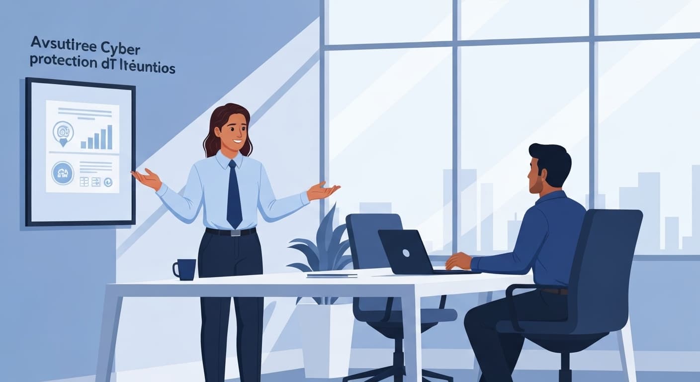 Conseiller French Vest présentant une solution d'assurance cyber à un directeur IT