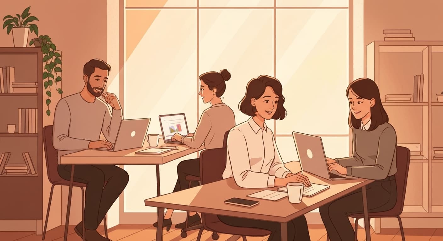 Équipe de freelances protégés travaillant en toute sérénité dans un espace partagé