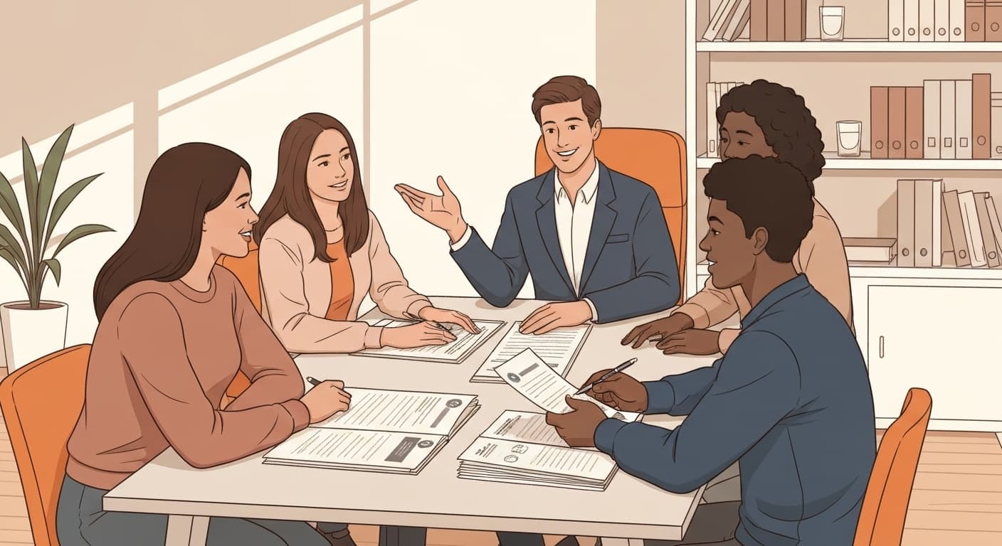 Illustration : Conseiller French Vest expliquant l'assurance colocation à des jeunes