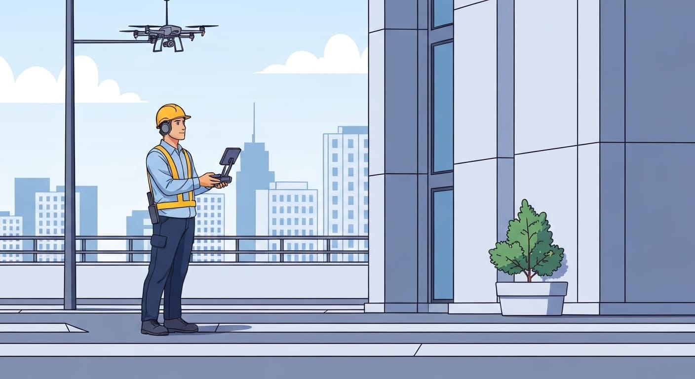 Télépilote professionnel en mission d'inspection de bâtiment avec drone