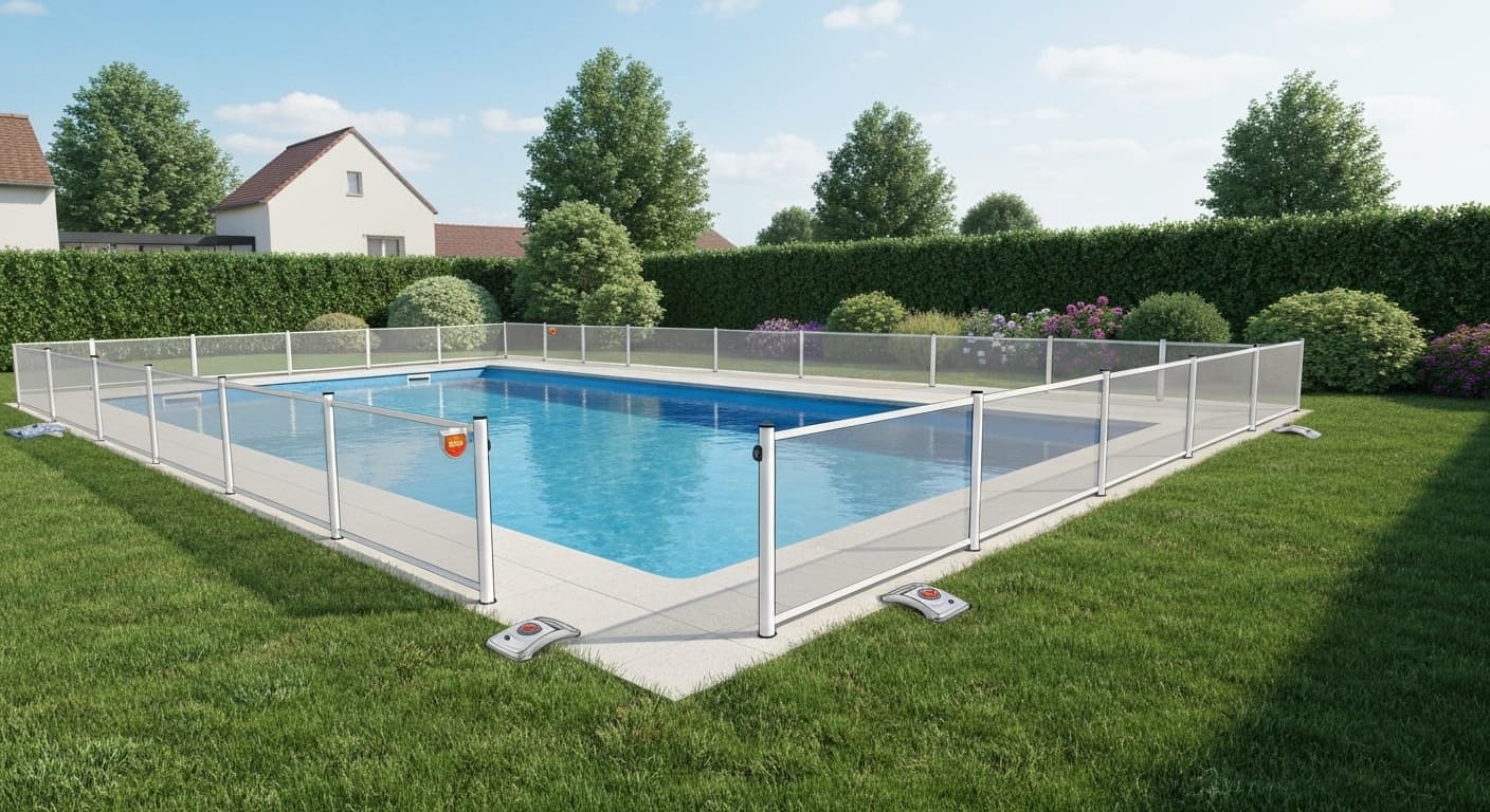 Piscine enterrée moderne sécurisée avec barrière de protection et système d'alarme