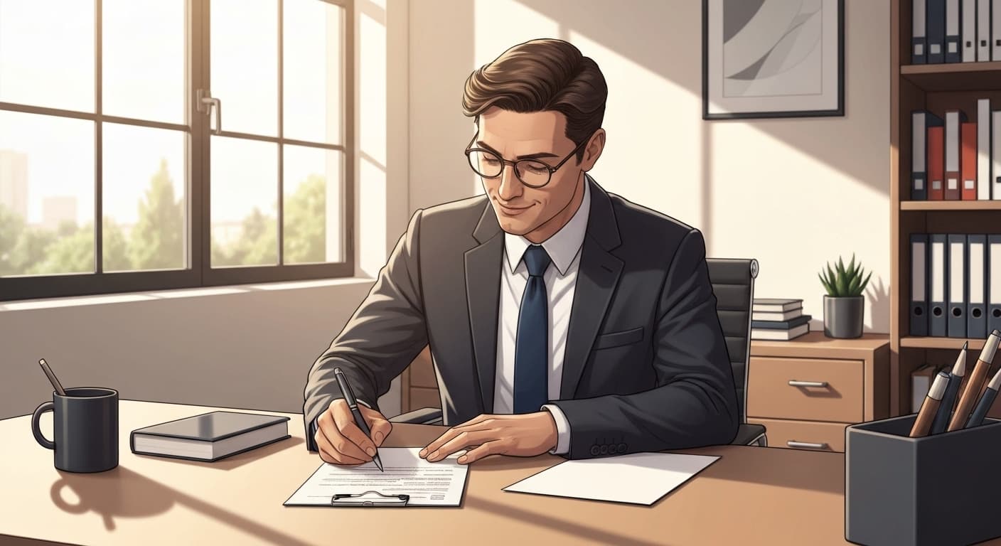 Illustration : Entrepreneur français signant un contrat d'assurance prêt professionnel