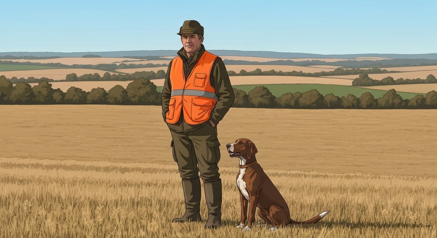 Chasseur français équipé dans la nature avec son chien de chasse