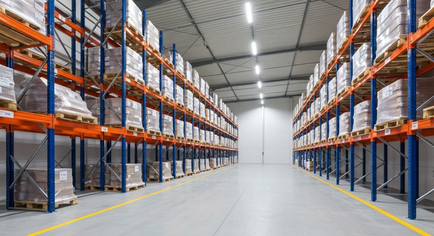 Intérieur d'un entrepôt logistique français moderne avec rayonnages
