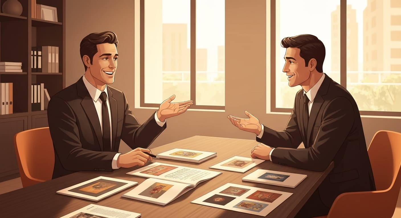 Conseiller en gestion de patrimoine discutant d'investissement artistique avec un client