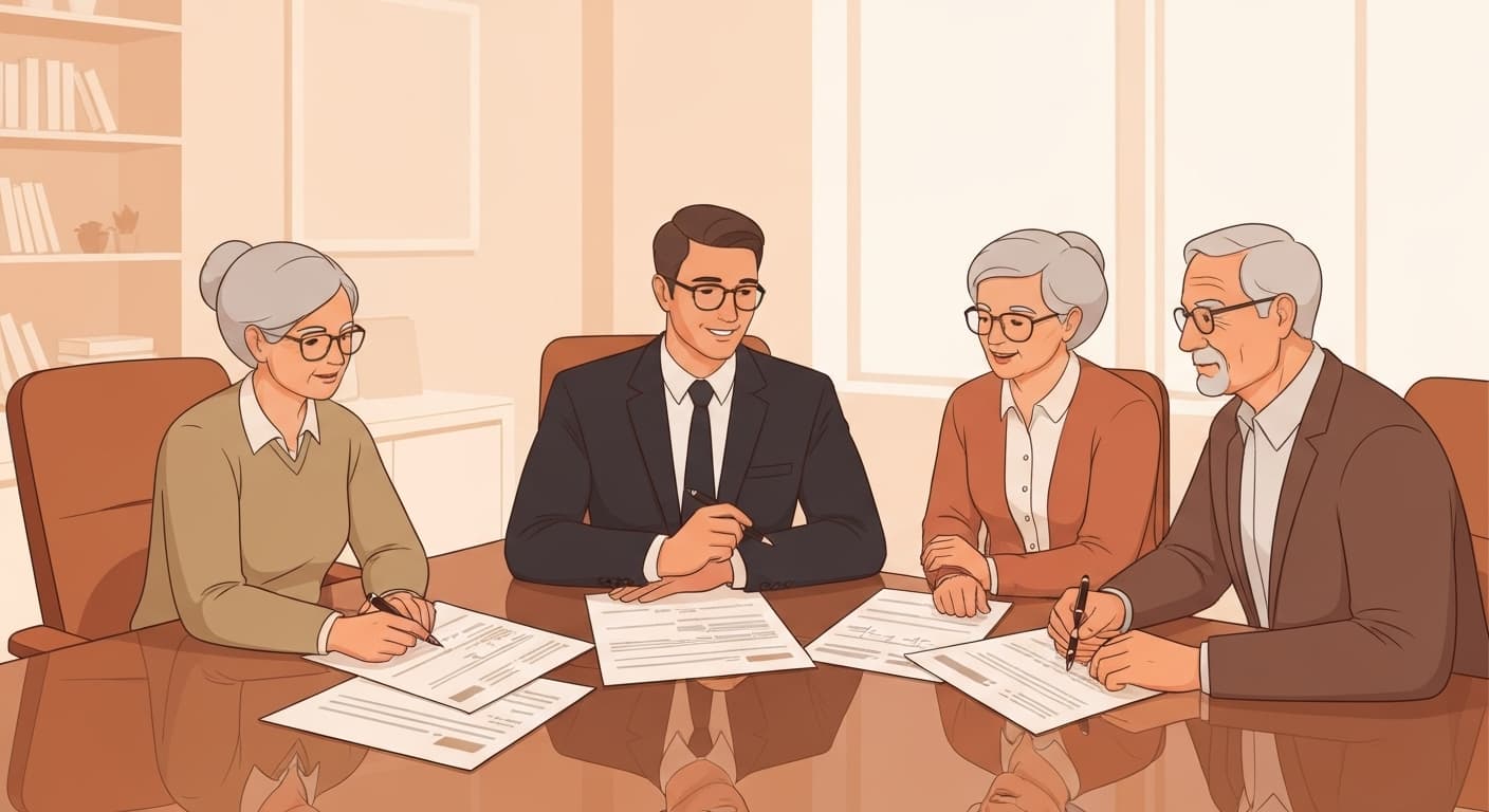 Notaire français calculant bouquet et rente viagère avec clients