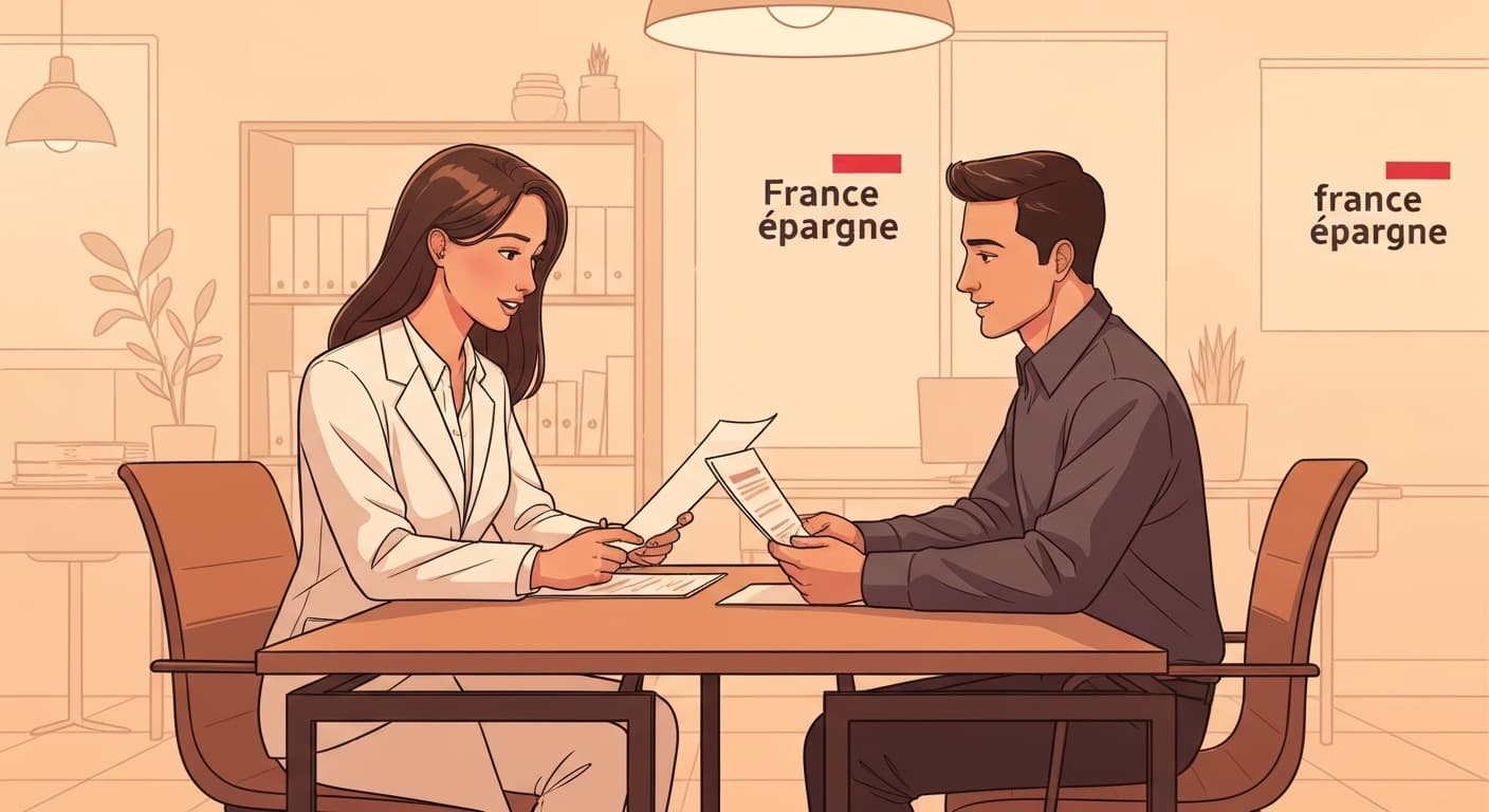 Illustration : Conseiller French Vest expliquant l'assurance matériel professionnel à un entrepreneur