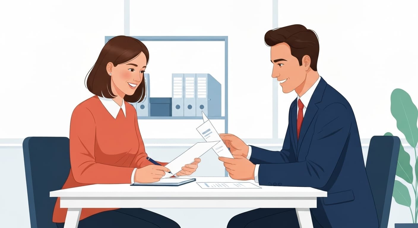 Illustration d'une micro-entrepreneuse française consultant avec son conseiller en assurance dans un cadre professionnel chaleureux