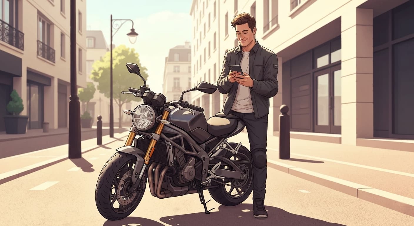 Jeune conducteur français consultant son assurance moto sur smartphone
