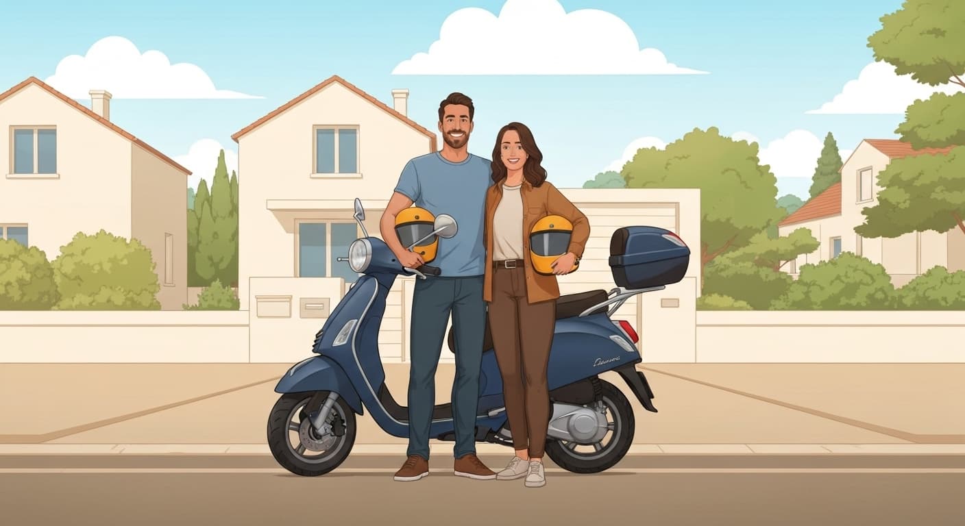 Famille française protégée avec scooter devant leur maison moderne