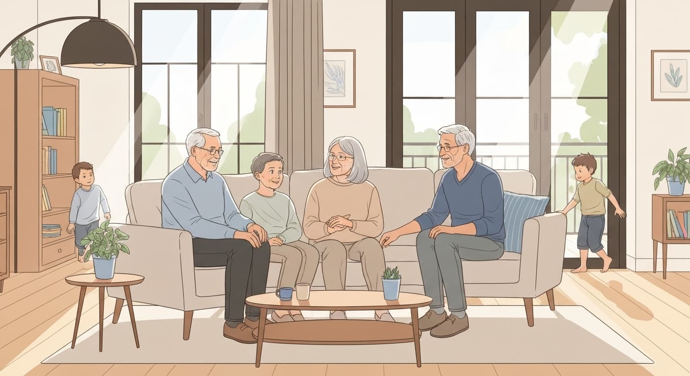 Famille française réunie dans un moment de sérénité grâce à l'assurance obsèques