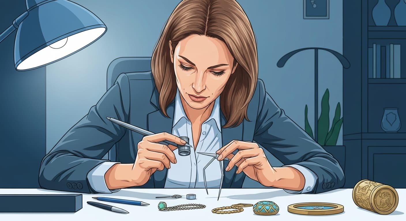 Expert évaluant des bijoux et objets d'art précieux