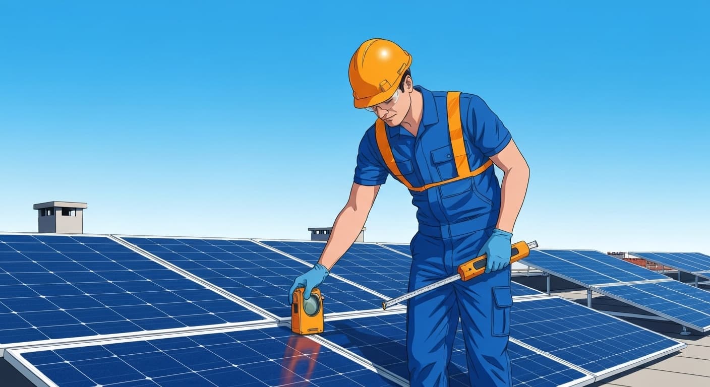 Technicien professionnel inspectant des panneaux solaires photovoltaïques sur un toit