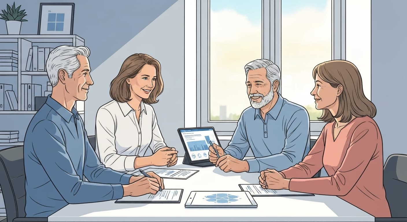 Illustration : Conseiller patrimonial French Vest avec des clients discutant protection panneaux solaires