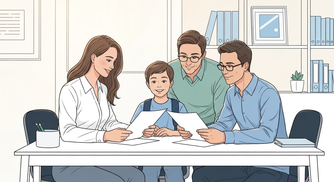 Famille française discutant de l'assurance scolaire avec un conseiller