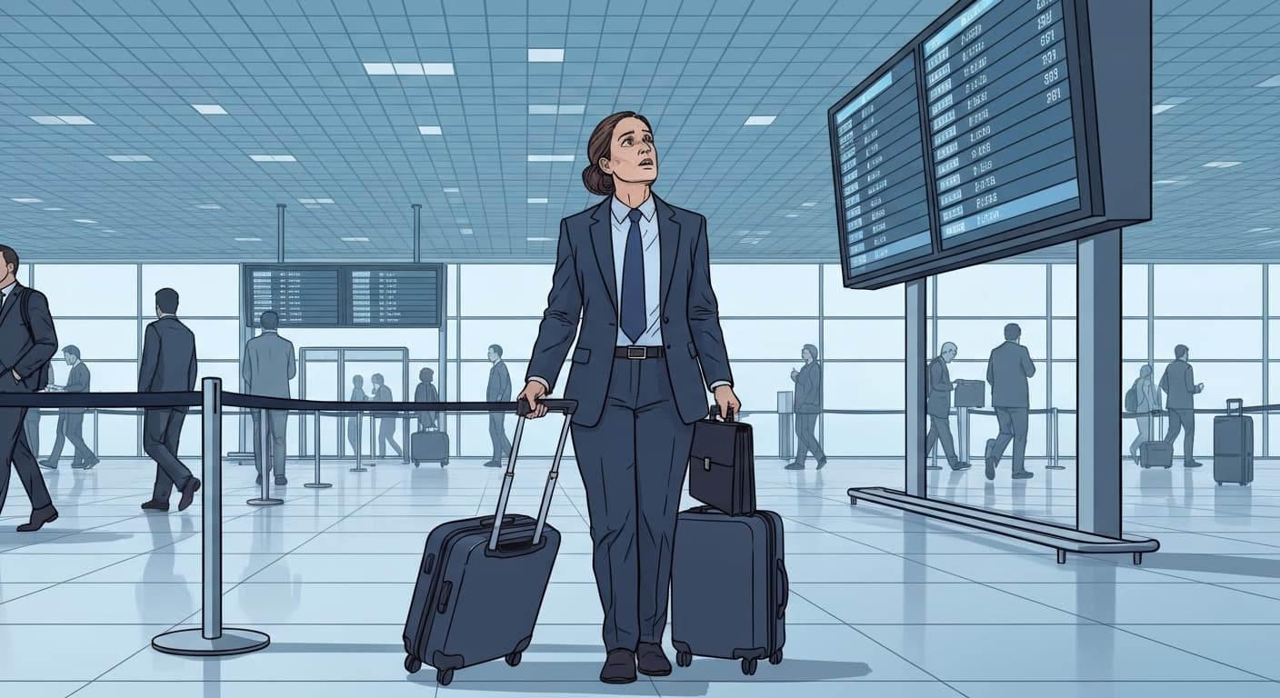 Voyageur d'affaires stressé face à un retard de vol à l'aéroport