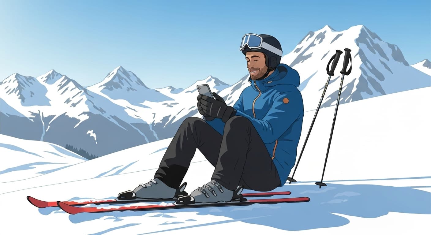 Skieur professionnel consultant son assurance ski sur smartphone à la montagne