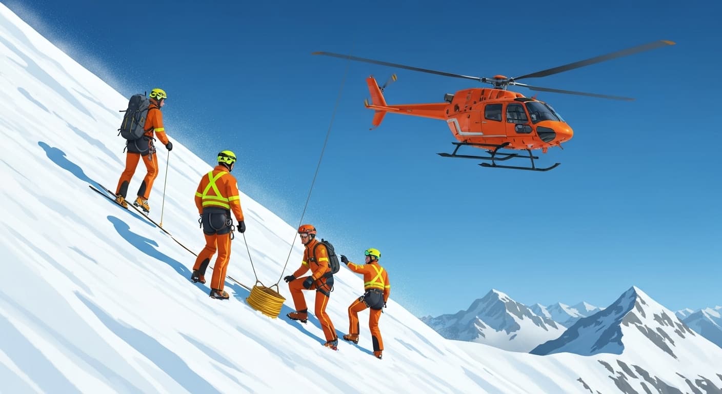 Équipe de secours en montagne et hélicoptère médicalisé lors d'une intervention sur piste