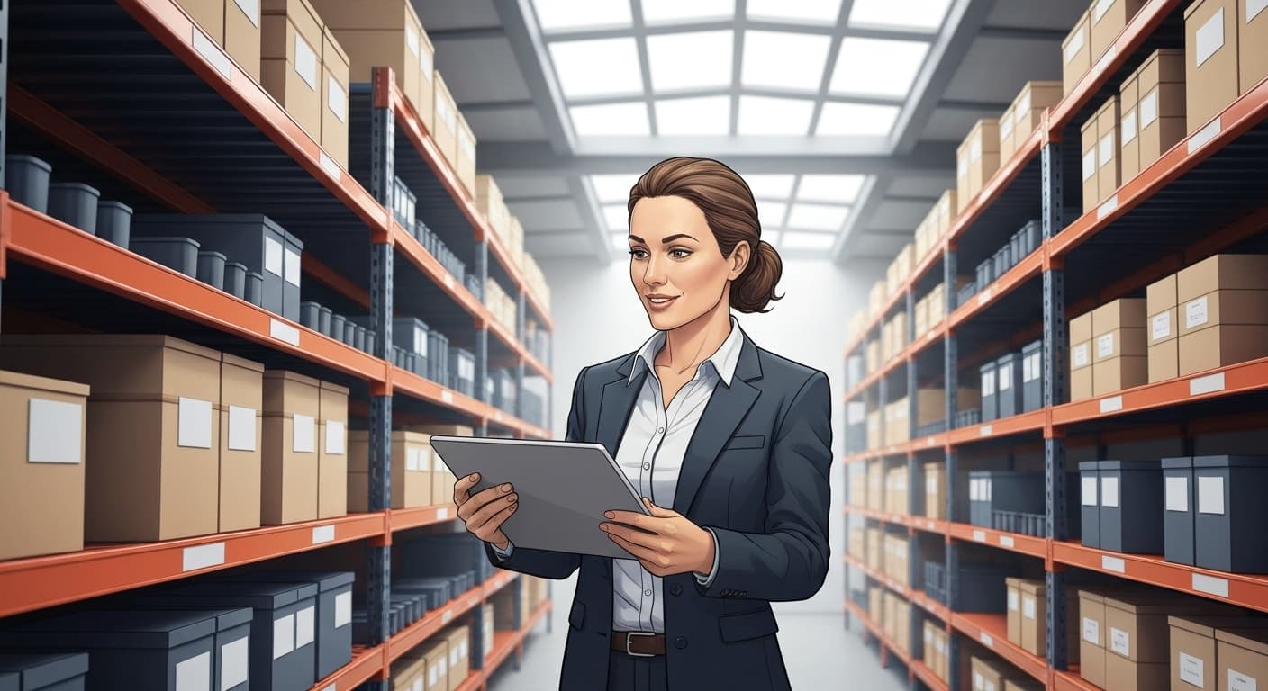 Responsable logistique français inspectant un entrepôt moderne