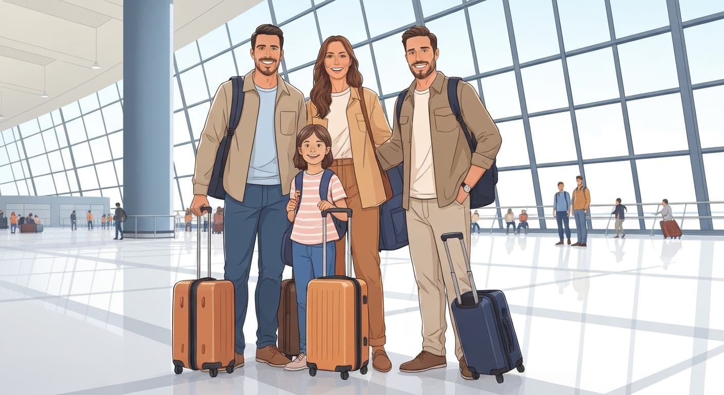Illustration d'une famille française heureuse voyageant sereinement protégée par leur assurance