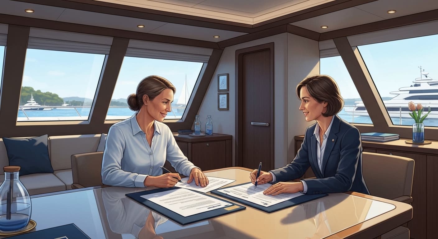 Propriétaire de yacht consultant un expert French Vest sur la protection de son patrimoine maritime