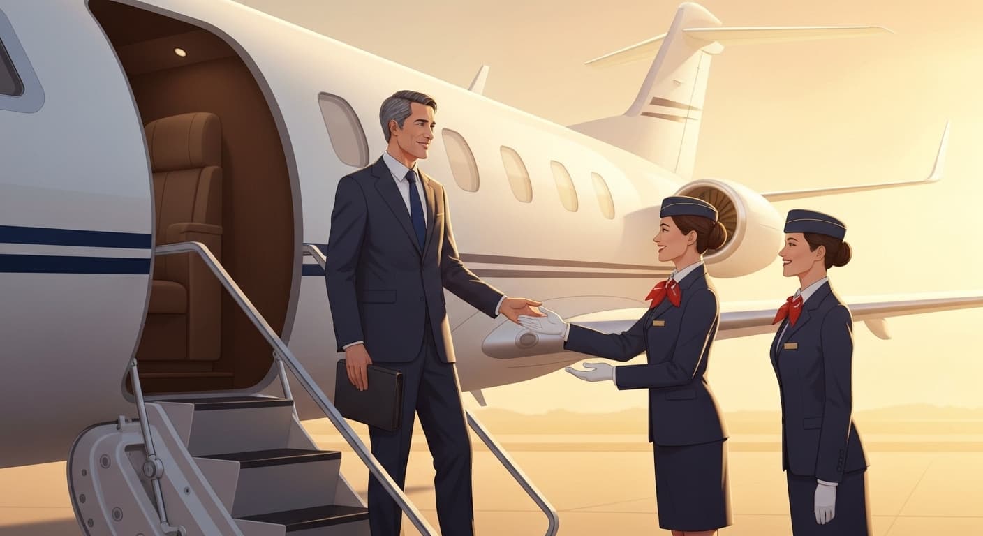 Entrepreneur français embarquant dans un jet privé Gulfstream avec équipage professionnel