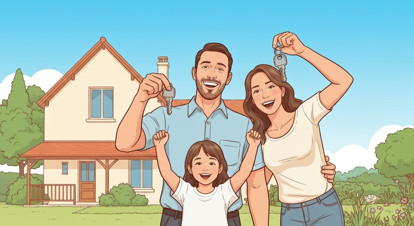 Famille française devant leur première maison acquise grâce au prêt CEL