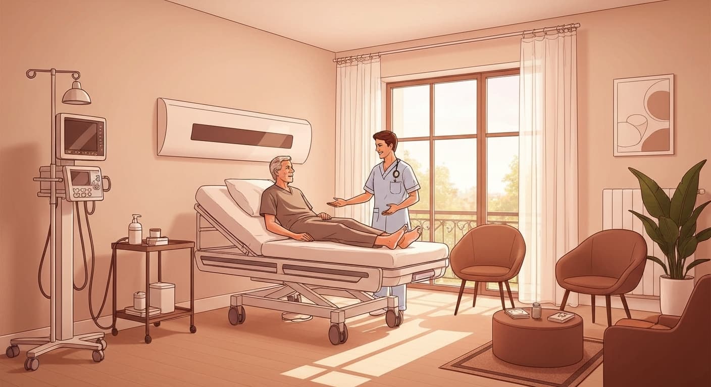 Patient recevant des soins personnalisés dans une chambre privée d'une clinique moderne française