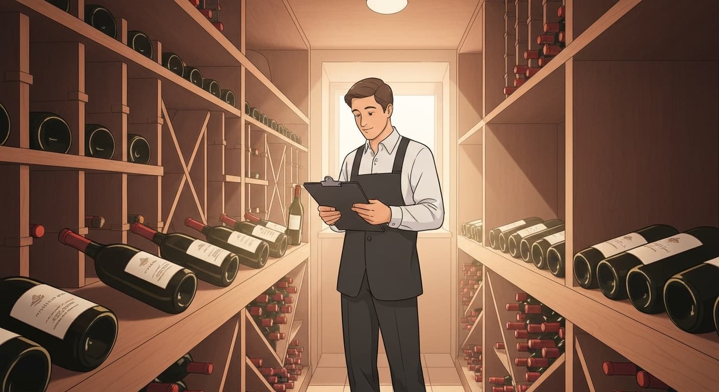 Expert en vins français évaluant une collection pour assurance