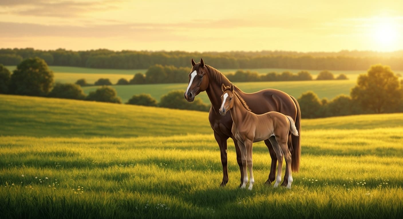 Jument et poulain dans un pré verdoyant d'un haras français