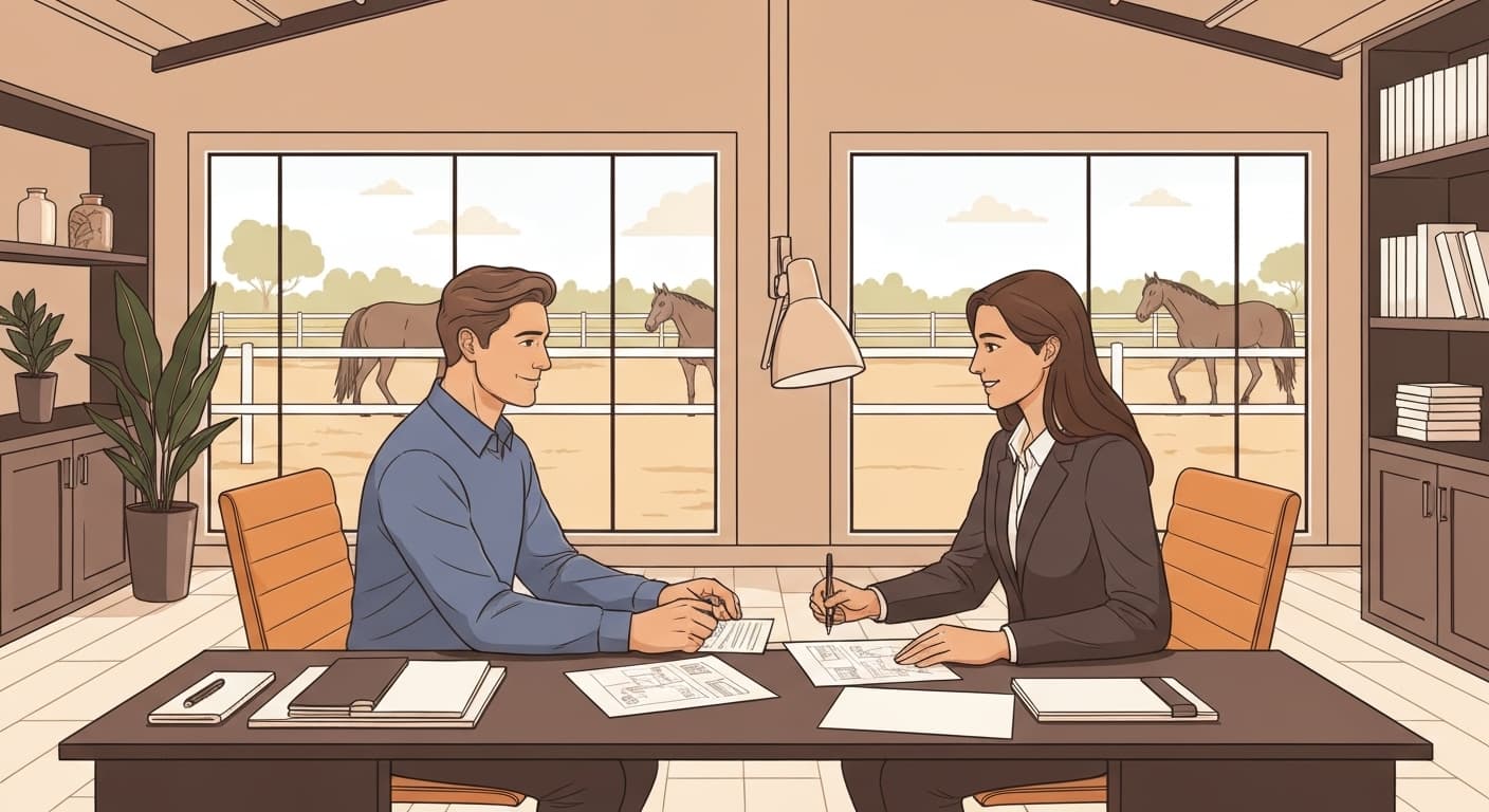 Éleveur consultant un expert en assurance pour son haras