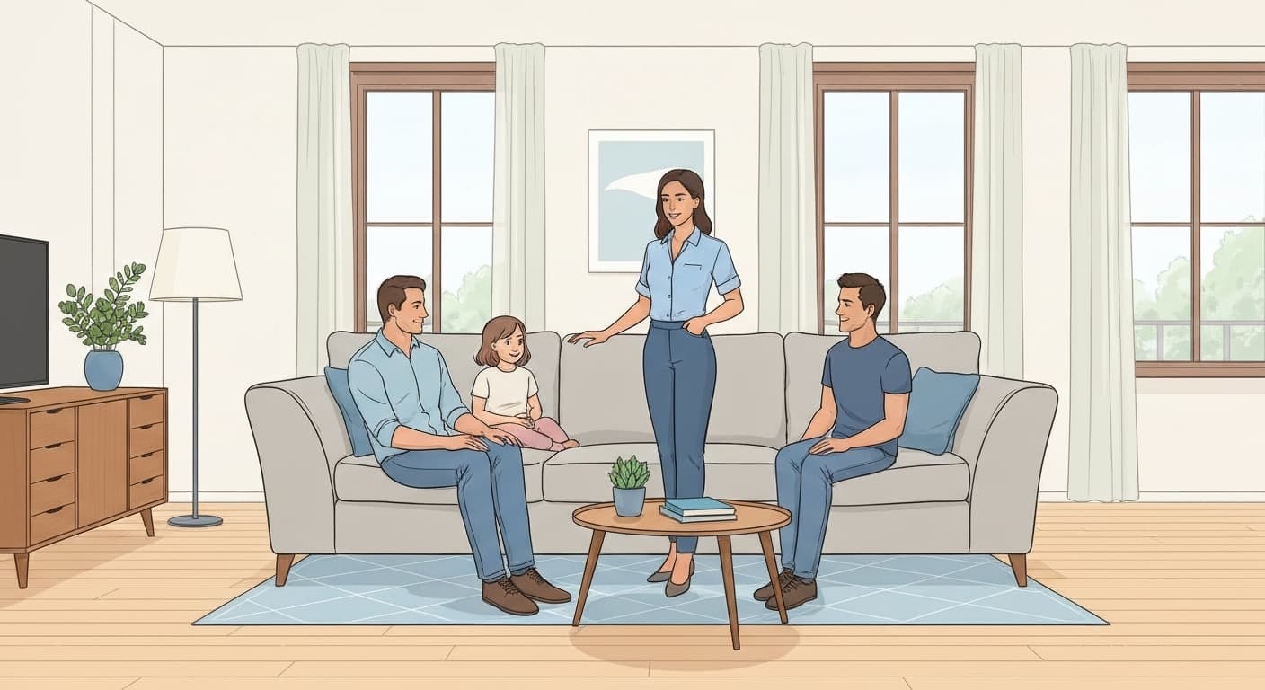 Famille française sereine avec leur employée de maison dans un salon moderne