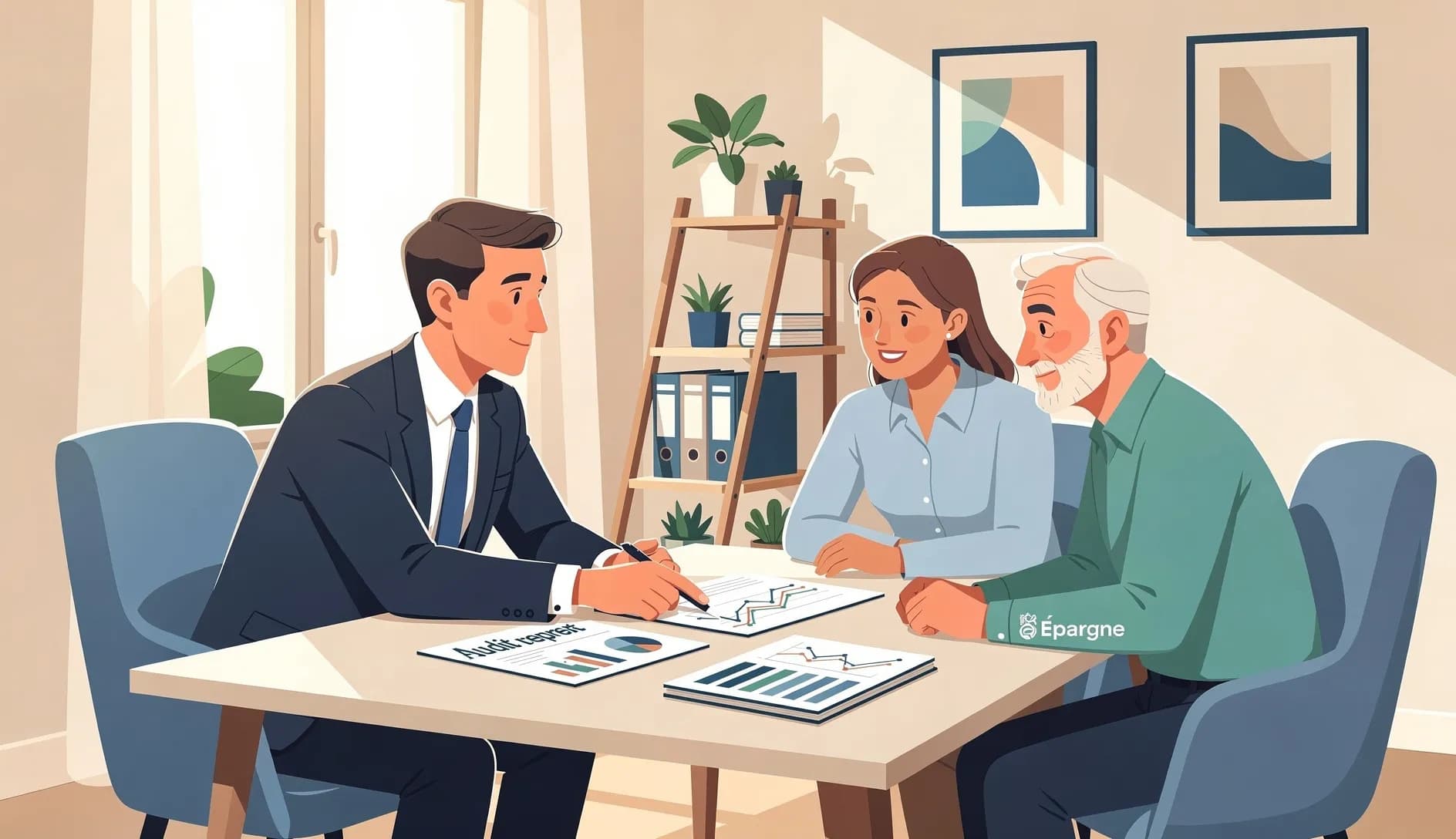 Conseiller French Vest expliquant un rapport d'audit à ses clients