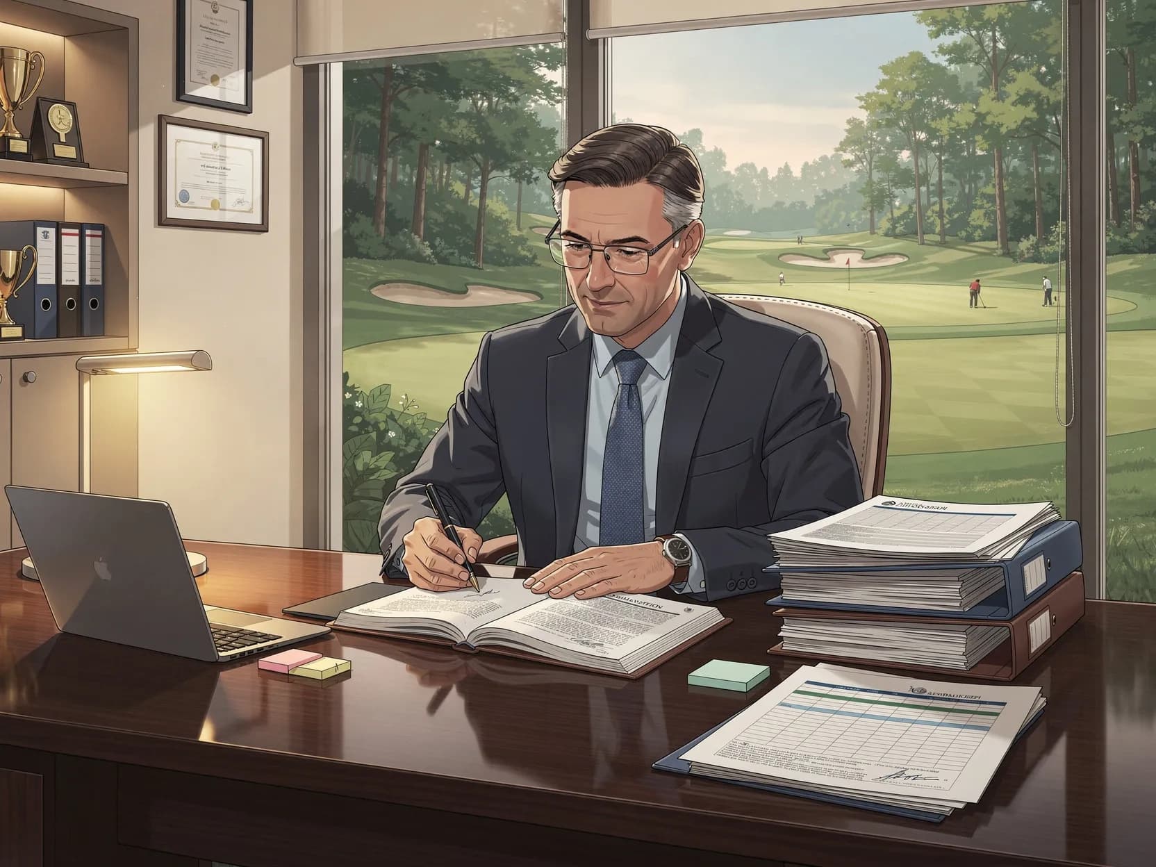 Gestionnaire de golf club examinant contrat d'assurance