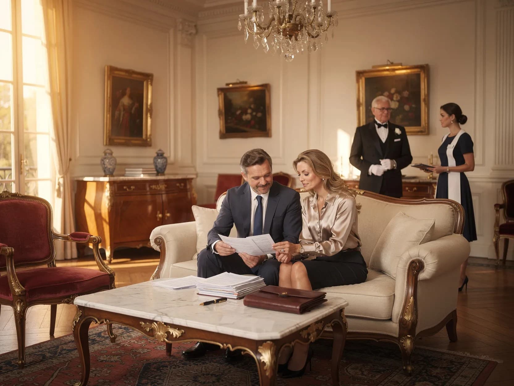 Employeur fortuné avec son personnel de maison dans une résidence de luxe française
