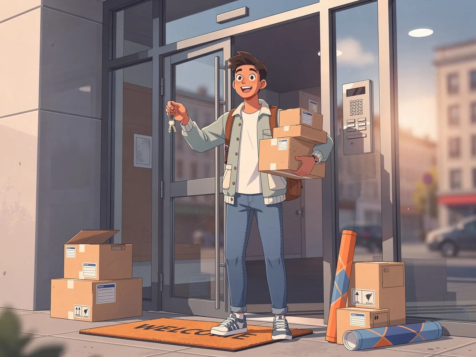 Étudiant français emménageant dans son premier logement avec cartons et clés
