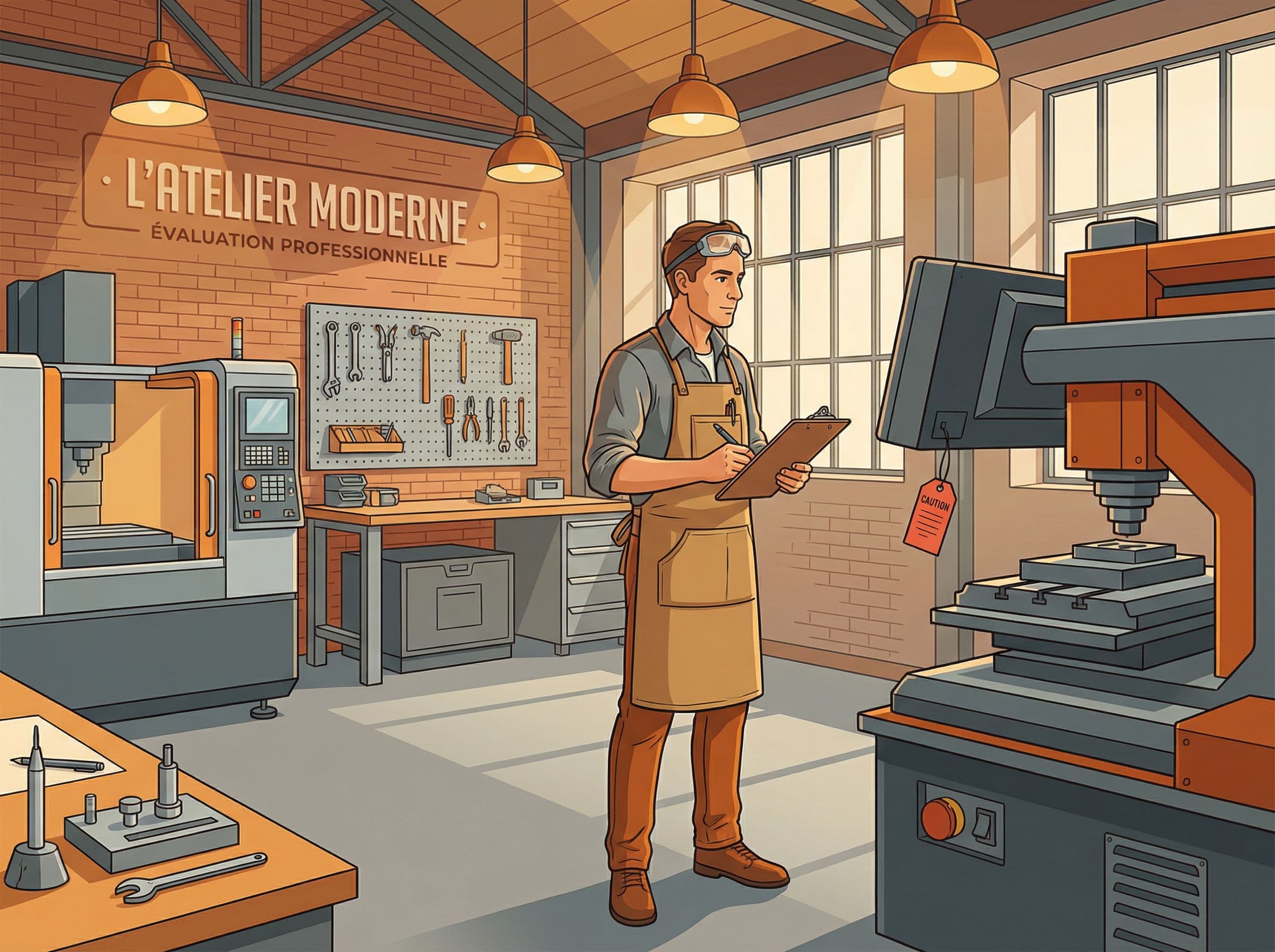 Entrepreneur vérifiant son matériel professionnel assuré dans son atelier