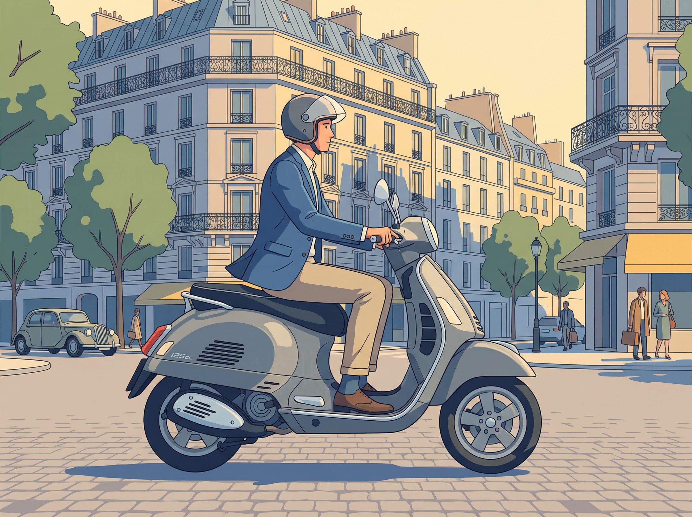 Motard français circulant en scooter dans les rues de Paris