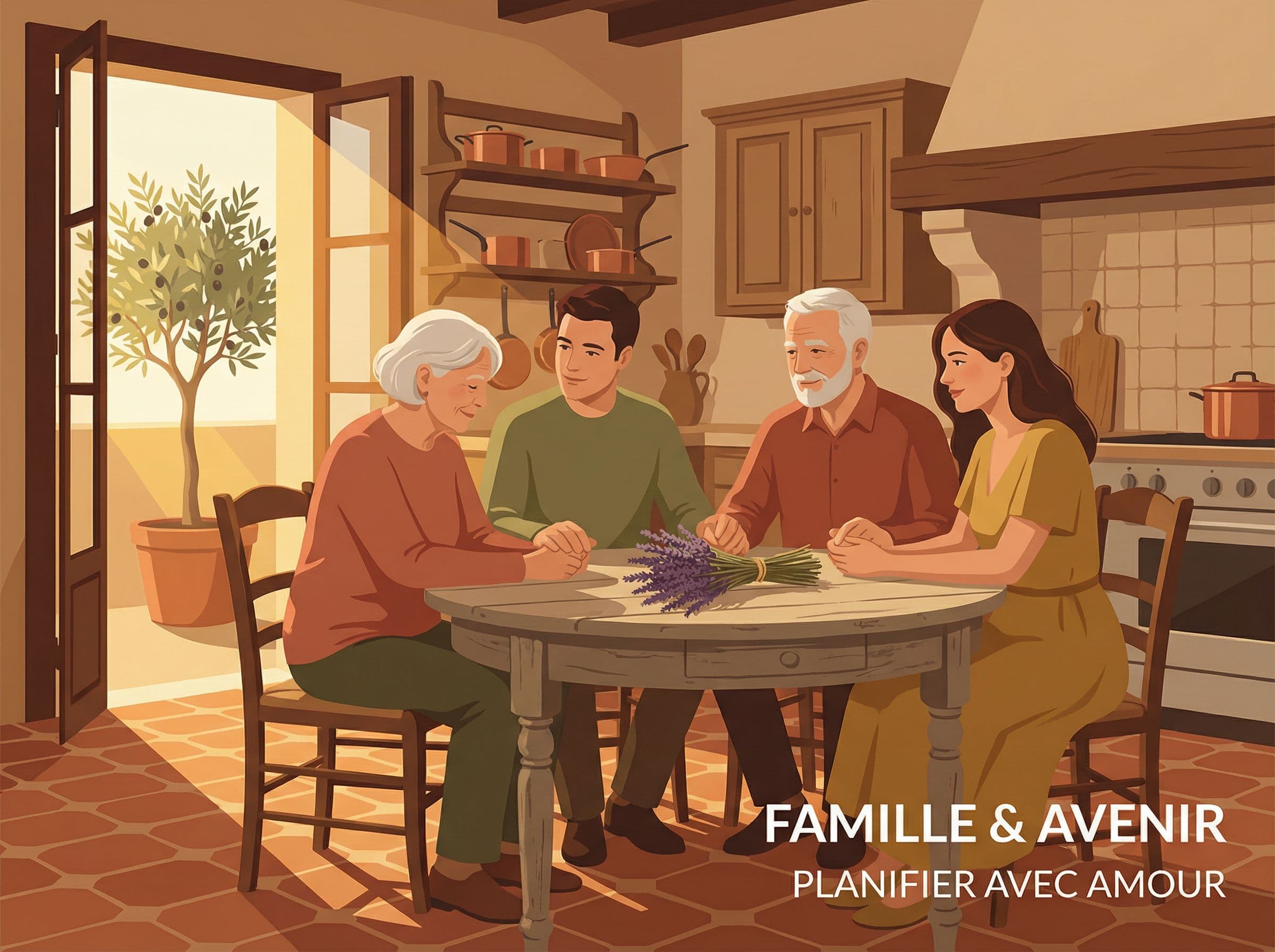 Famille française réunie discutant sereinement de prévoyance