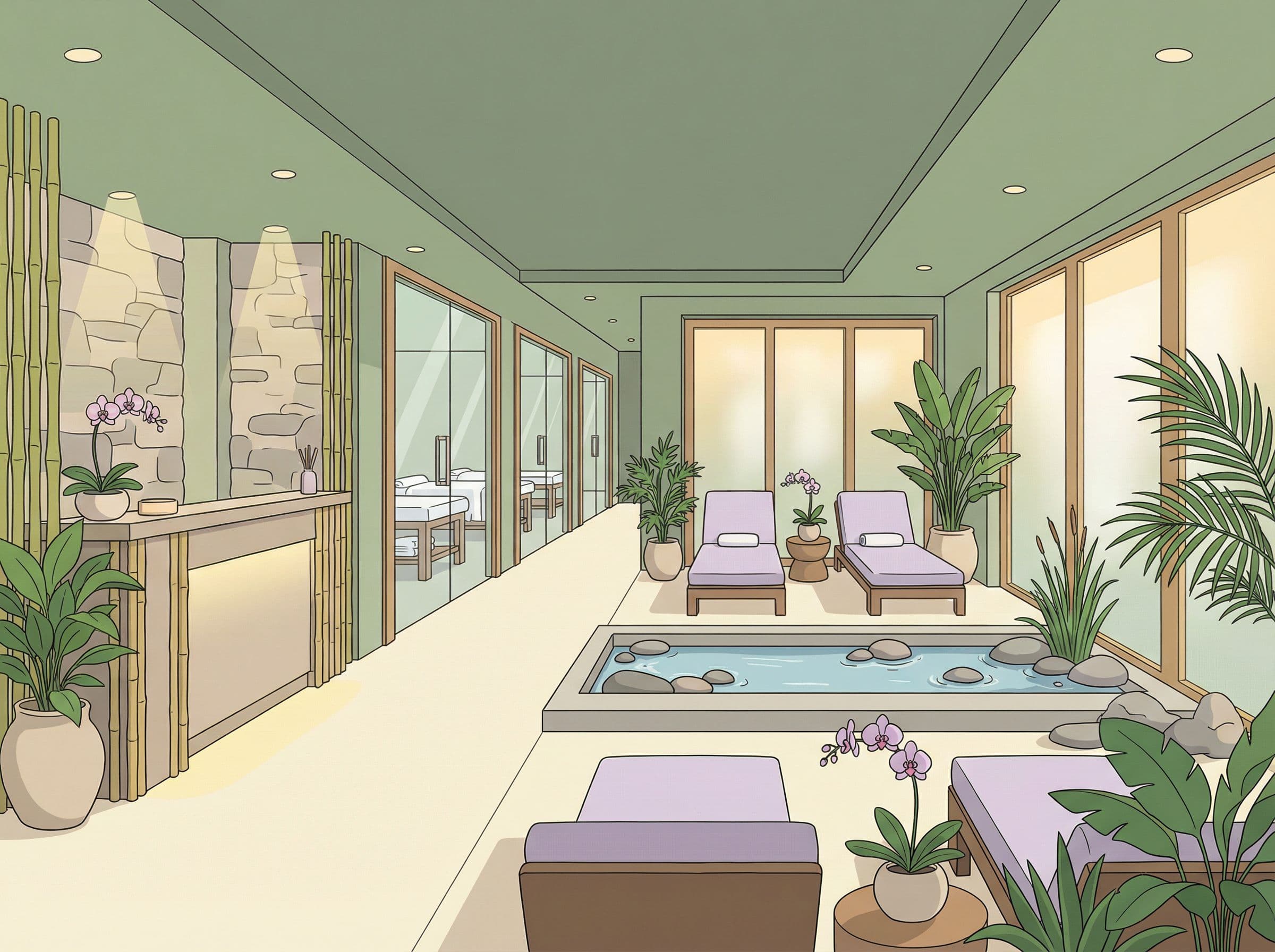 Centre spa wellness moderne avec espace détente et cabines de soins