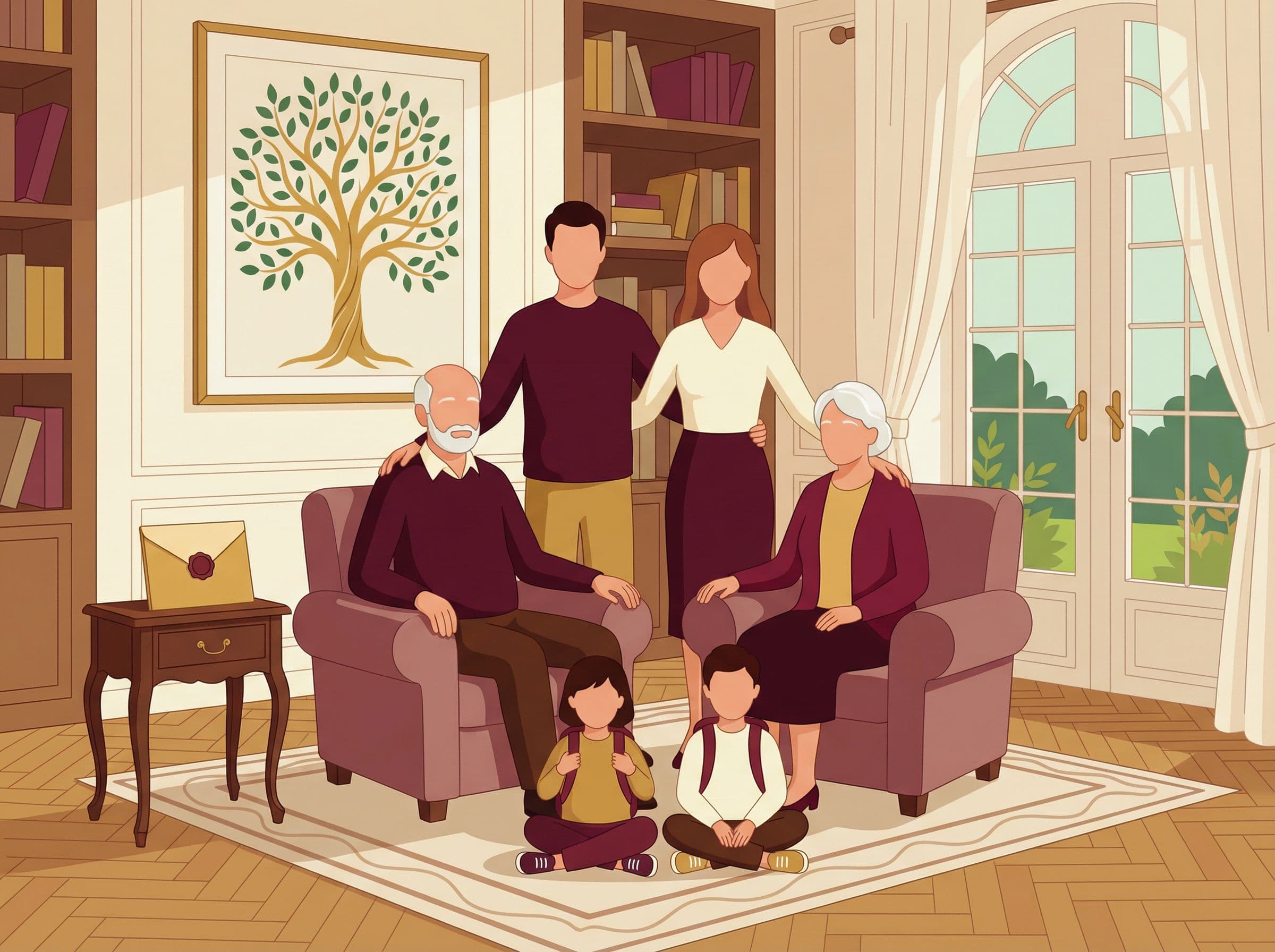 Famille française multigénérationnelle planifiant la transmission de patrimoine