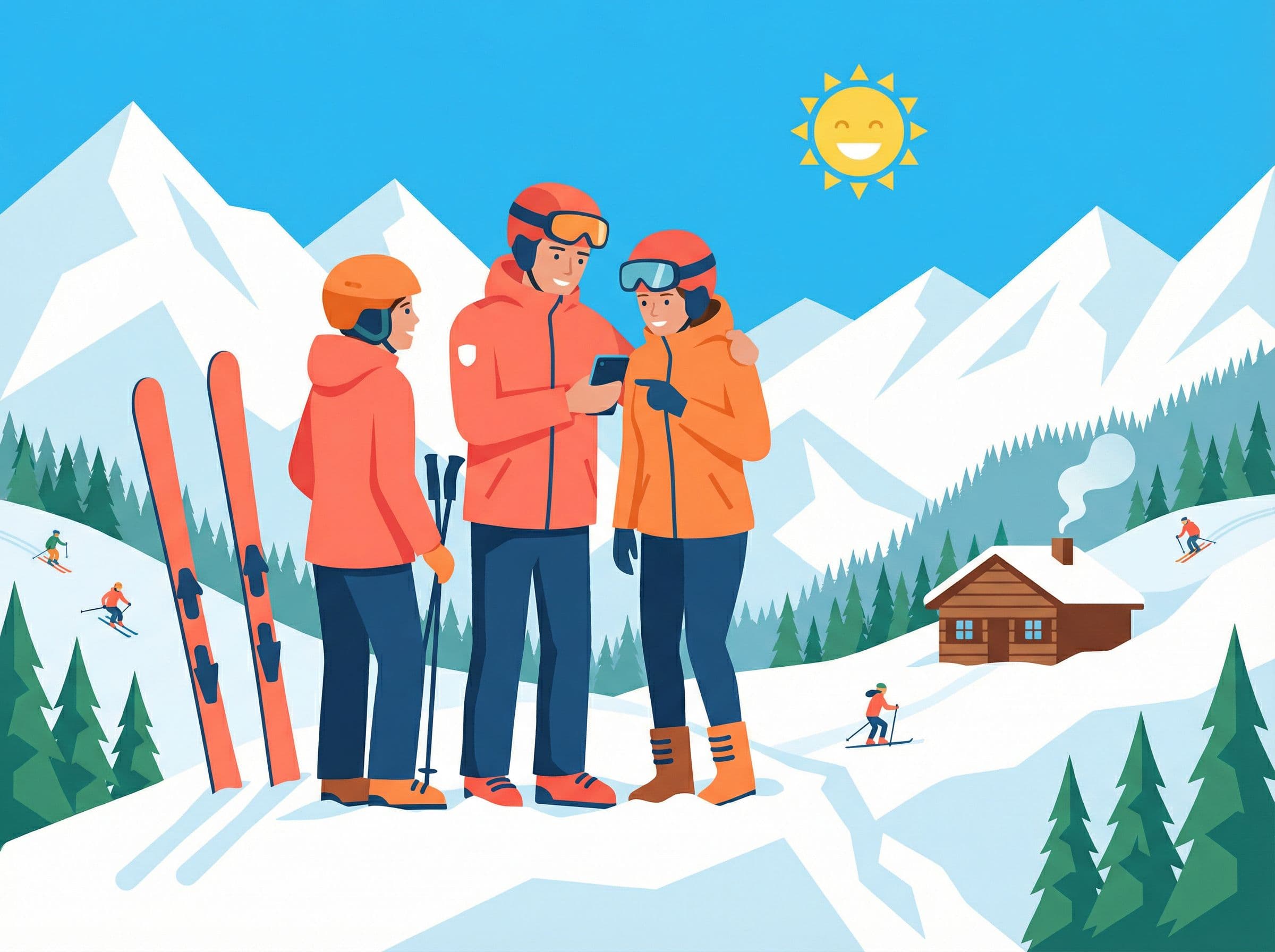Jeune couple sur les pistes comparant les options d'assurance ski